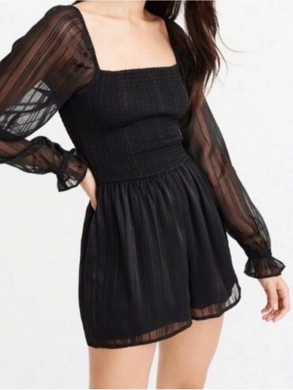 Abercrombie & Fitch Black Smocked Bodice Sheer-Sleeve Mini Dress